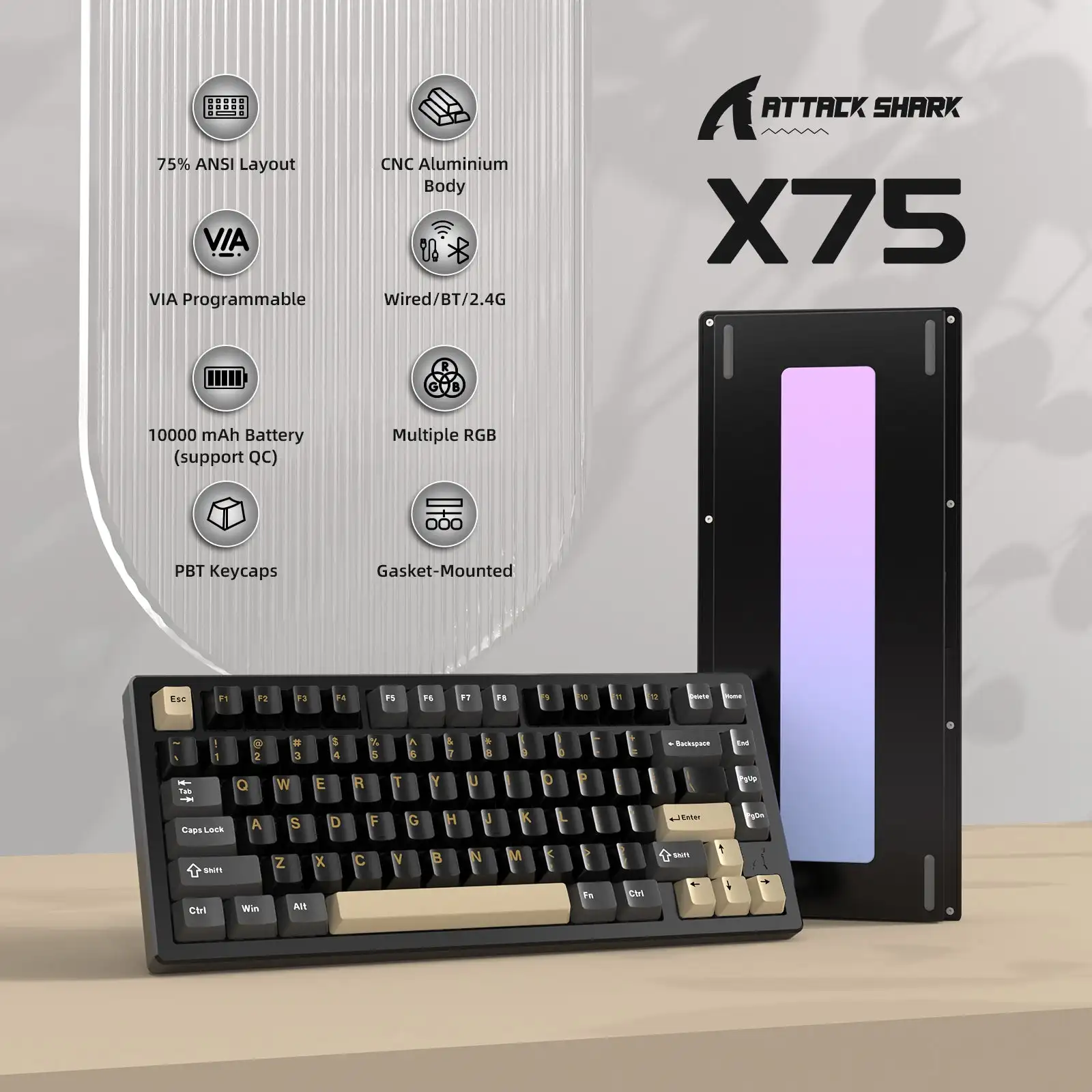 Imagem -02 - Ataque Shark-x75 Teclado Mecânico Cnc 75 Junta de Alumínio Modos Atualização 10000mah Bateria Hot-swap Espumas Via