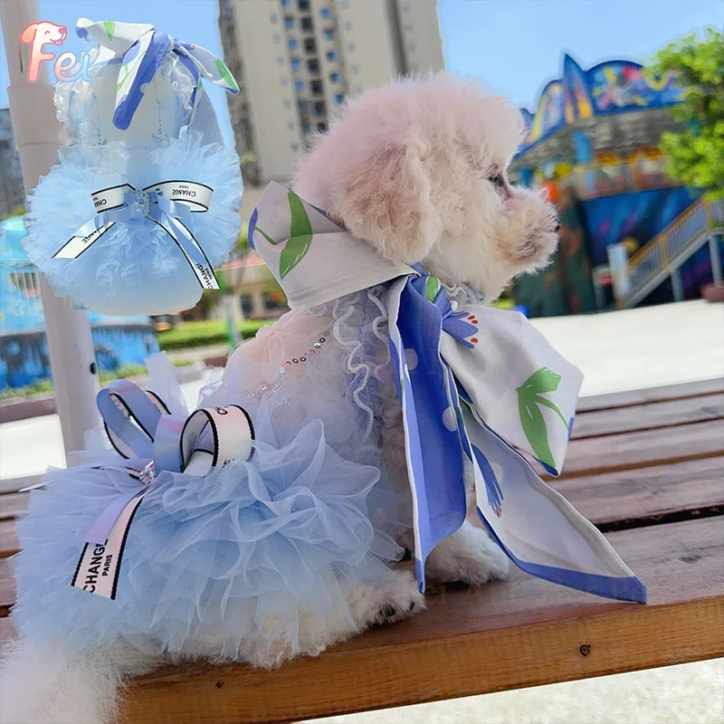 

​​Luxury White Lace Dog Dress with Blue Ribbon Bow,Small Dogs Wedding Gown for Birthday Party, Fantasy Carnival Photo Outfit​