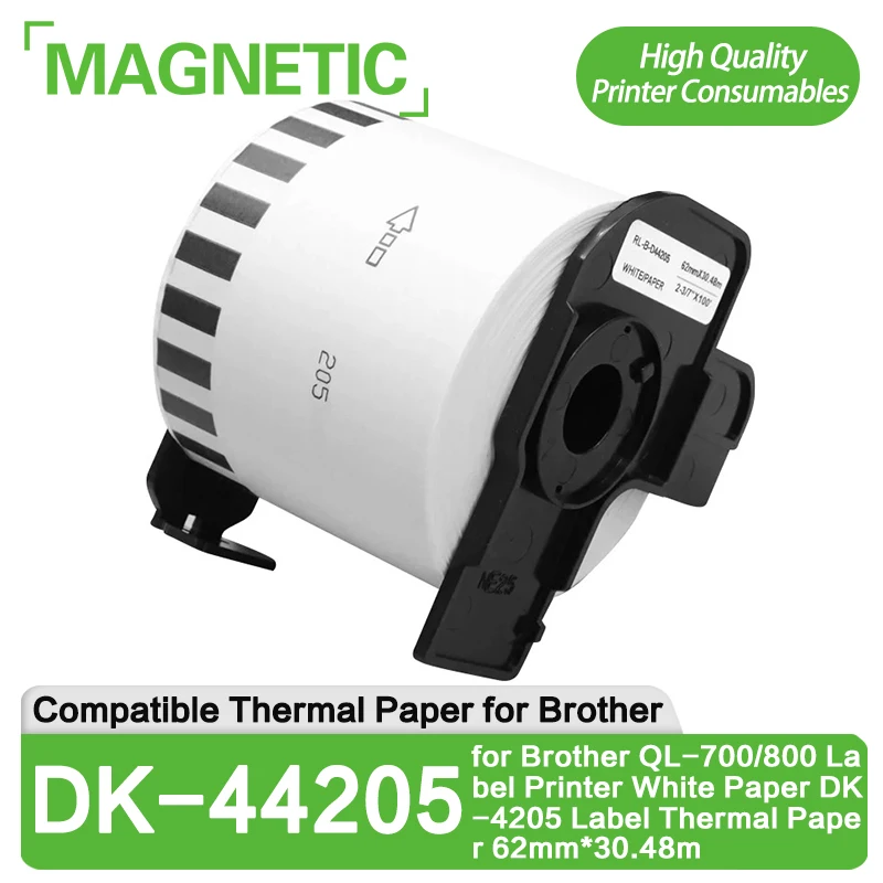 4 Rolls DK-44205 Label 62mm*30.48m Thermal Paper Continuous Compatible for Brother QL-700/800 Label Printer White Paper DK-4205