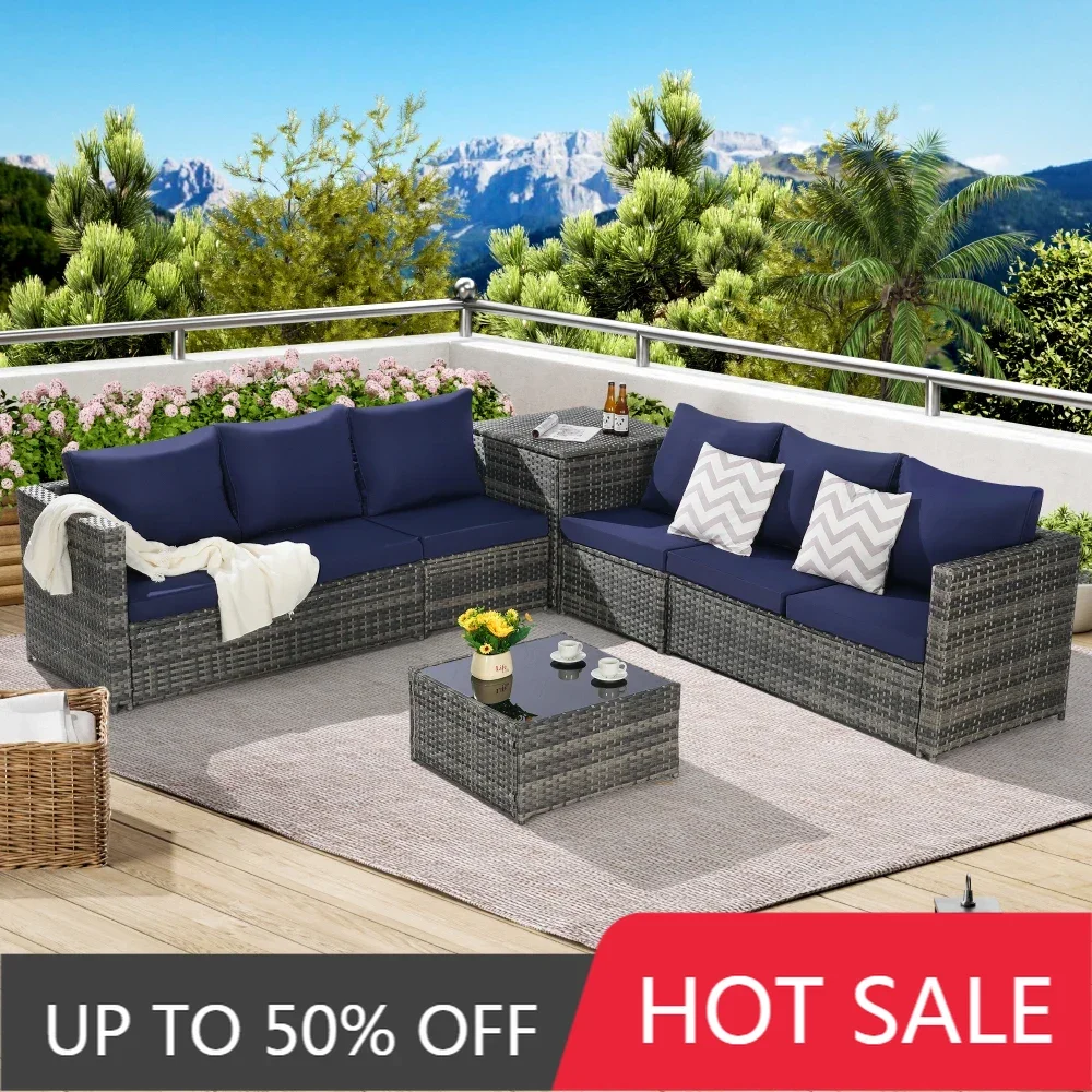 

6Pcs Outdoor Patio Sectional Couch，Furniture Sets, Storage Corner Cabinet,Glass Top Coffee Table&Cushion,Wicker Woven Seating