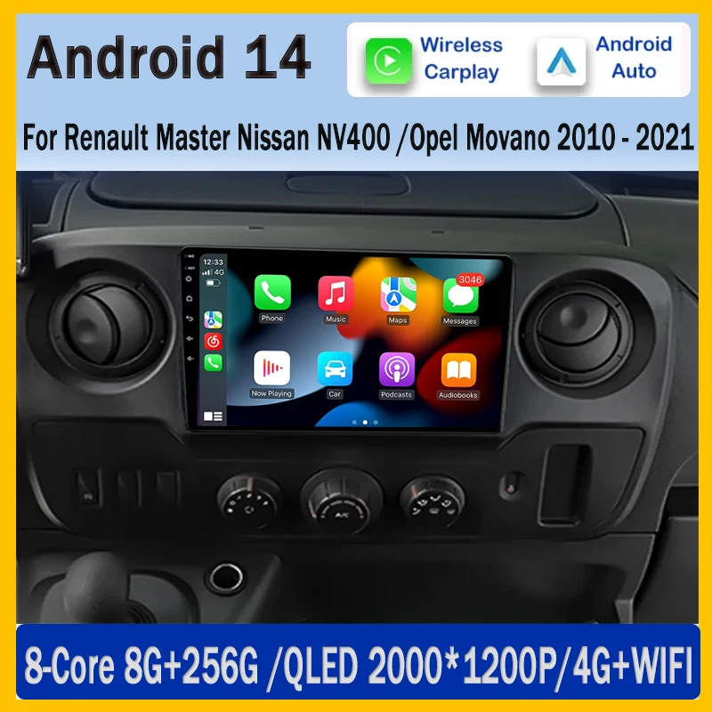 

Мультимедийный плеер на Android 14 для Renault Master, Nissan, NV400, Opel, Movano 2010-2021, Автомобильный плеер с GPS, стерео-навигацией, радио, экраном