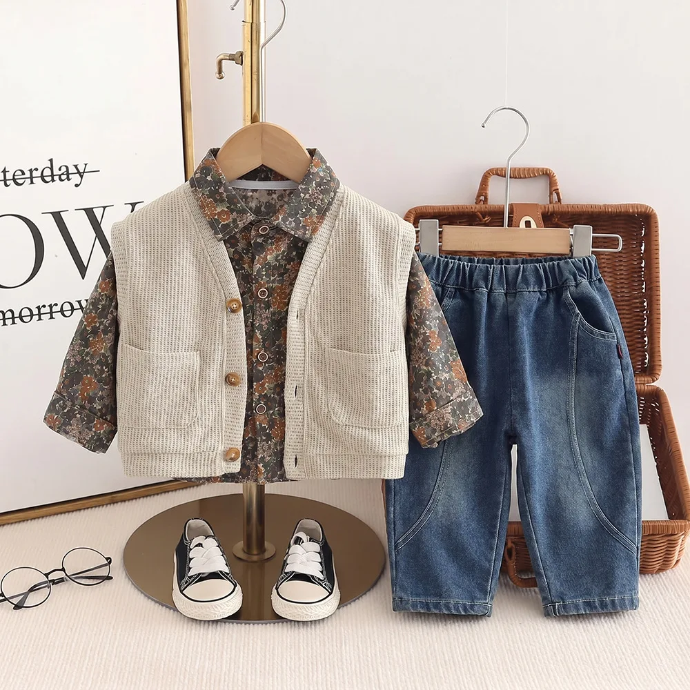 Fall Kids Boys Clothes 2026 Spring Autumn Korean Sold Color Pocket Vest + Floral Shirts + Pants 3 Piece Set Children's Clothing