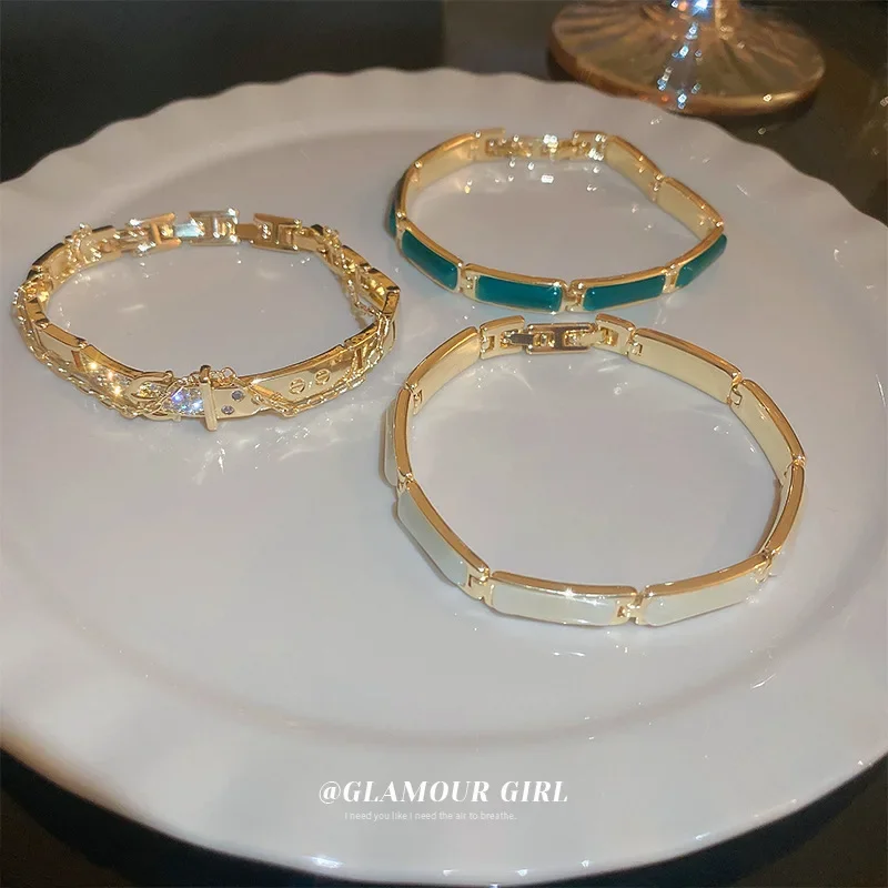 Minar - Pulseras delicadas multicolor brillantes con circonita y ópalo para mujer, de cobre, color blanco, verde Gola, accesorios para fiesta