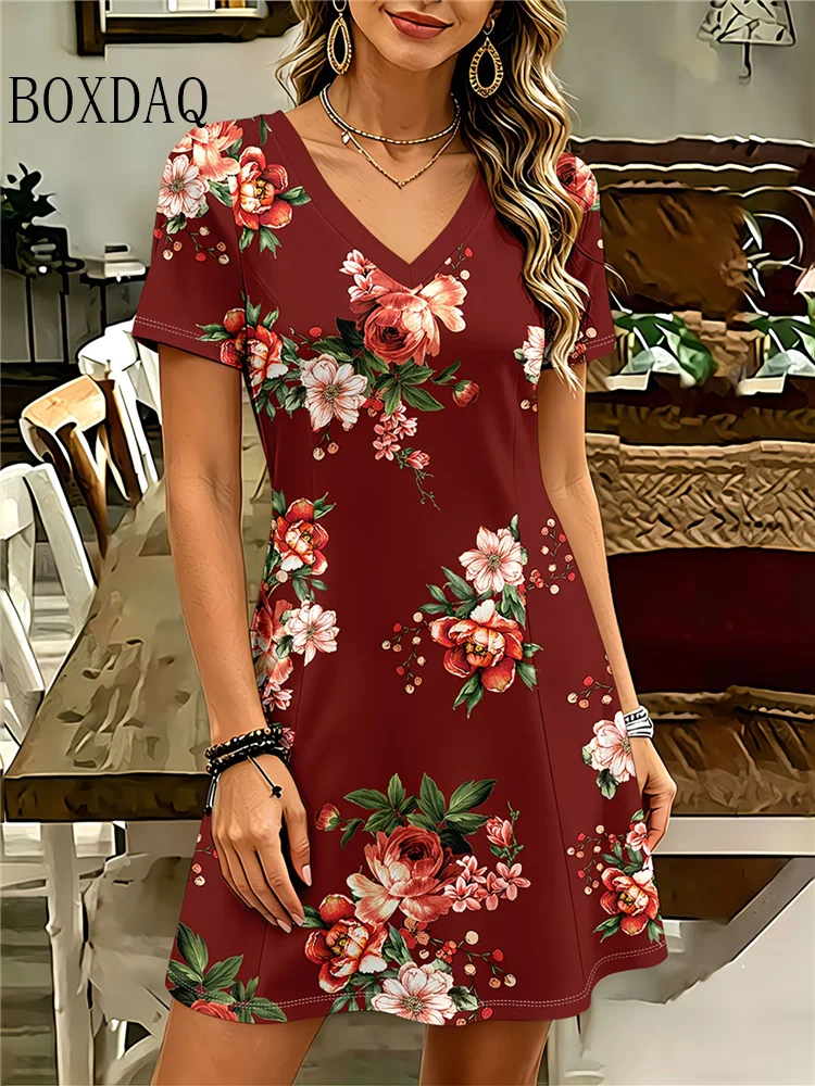 Summer Women's Short Sleeved Dress Plus Size Casual Retro V-Neck Flowers Printed Dress Loose Women's Vacation Dress
