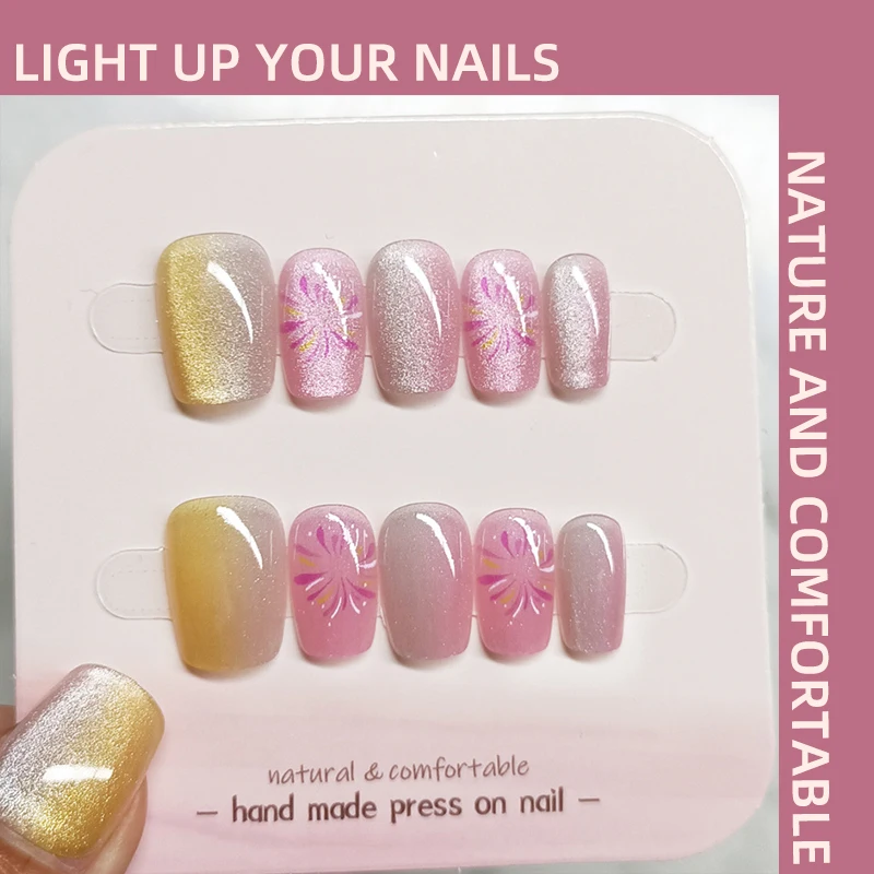 Handmade Wearable Press on Nails 10/pack Size Different Crystal Cat's Eye Silver Pink Two-tone Fireworks Short Fake Nail Toolkit