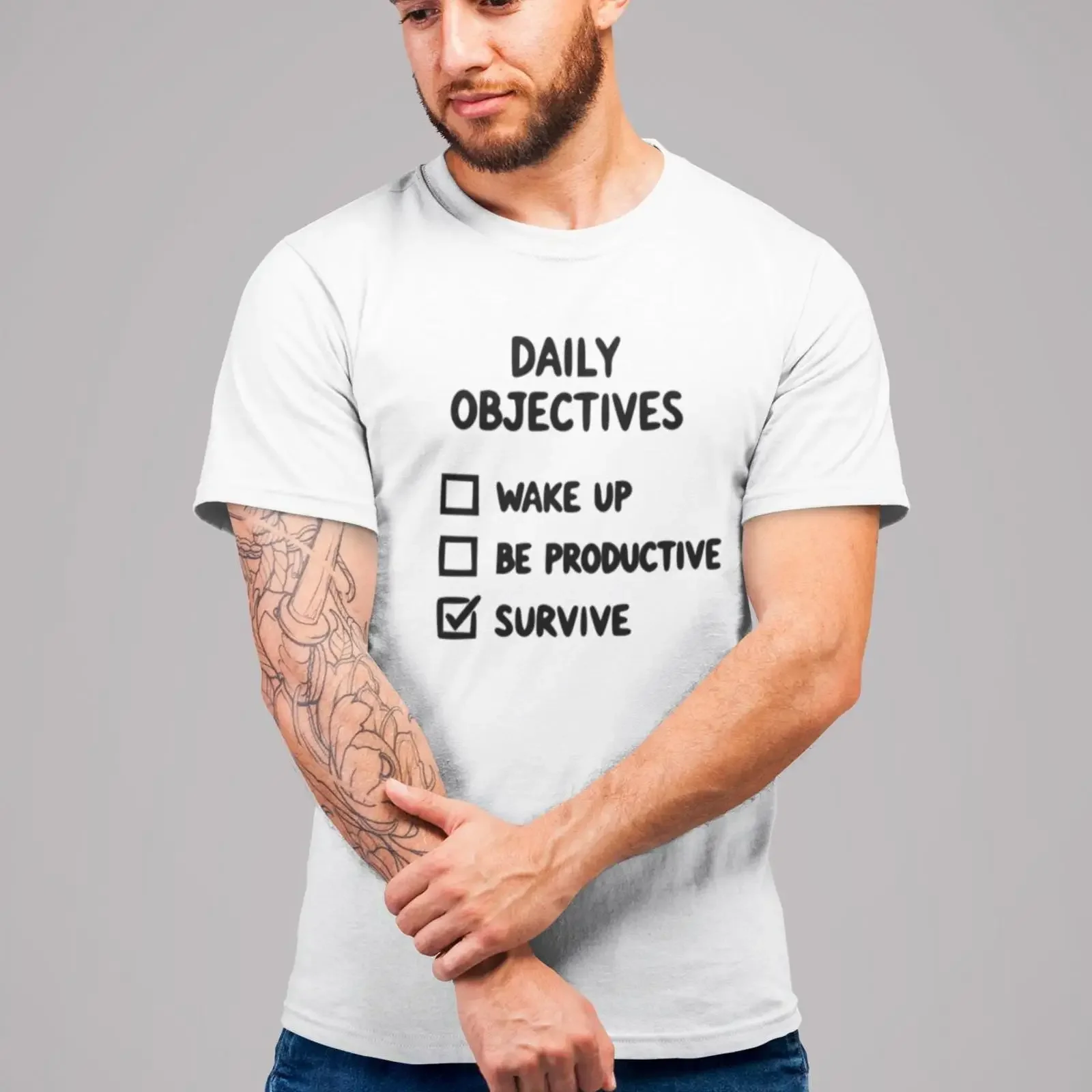 Daily Objectives T Shirt Wake Up Be Productive Survive vintage Washed Stylish Comfortable Soft homme Stretched Versatile