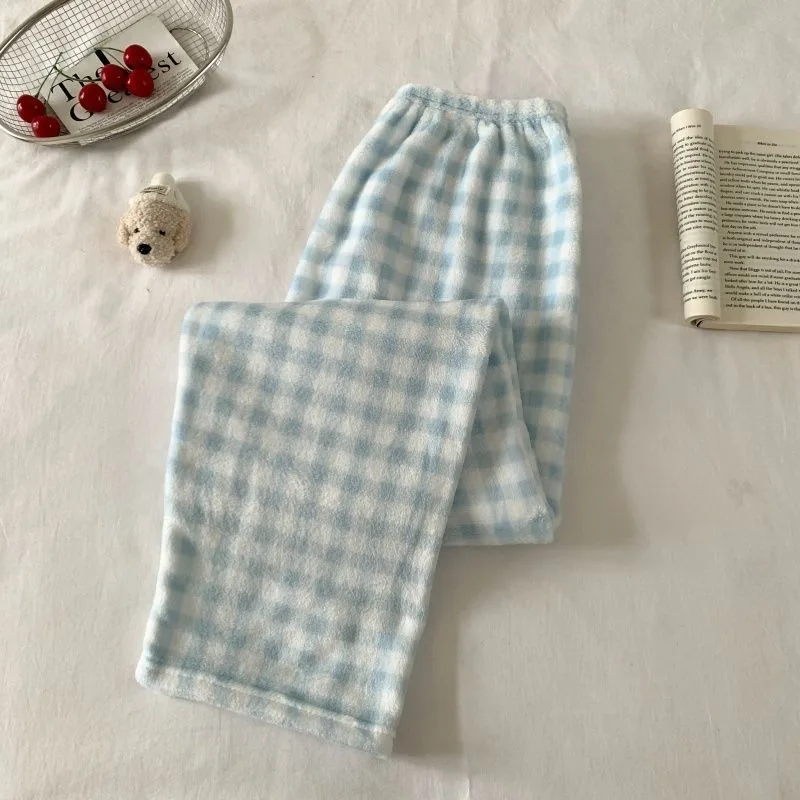 

Cartoon Comfortable Flannel Pajama Pants, Winter Warm Coral Fleece Home Pants, Loose Plaid Casual Plush Pants