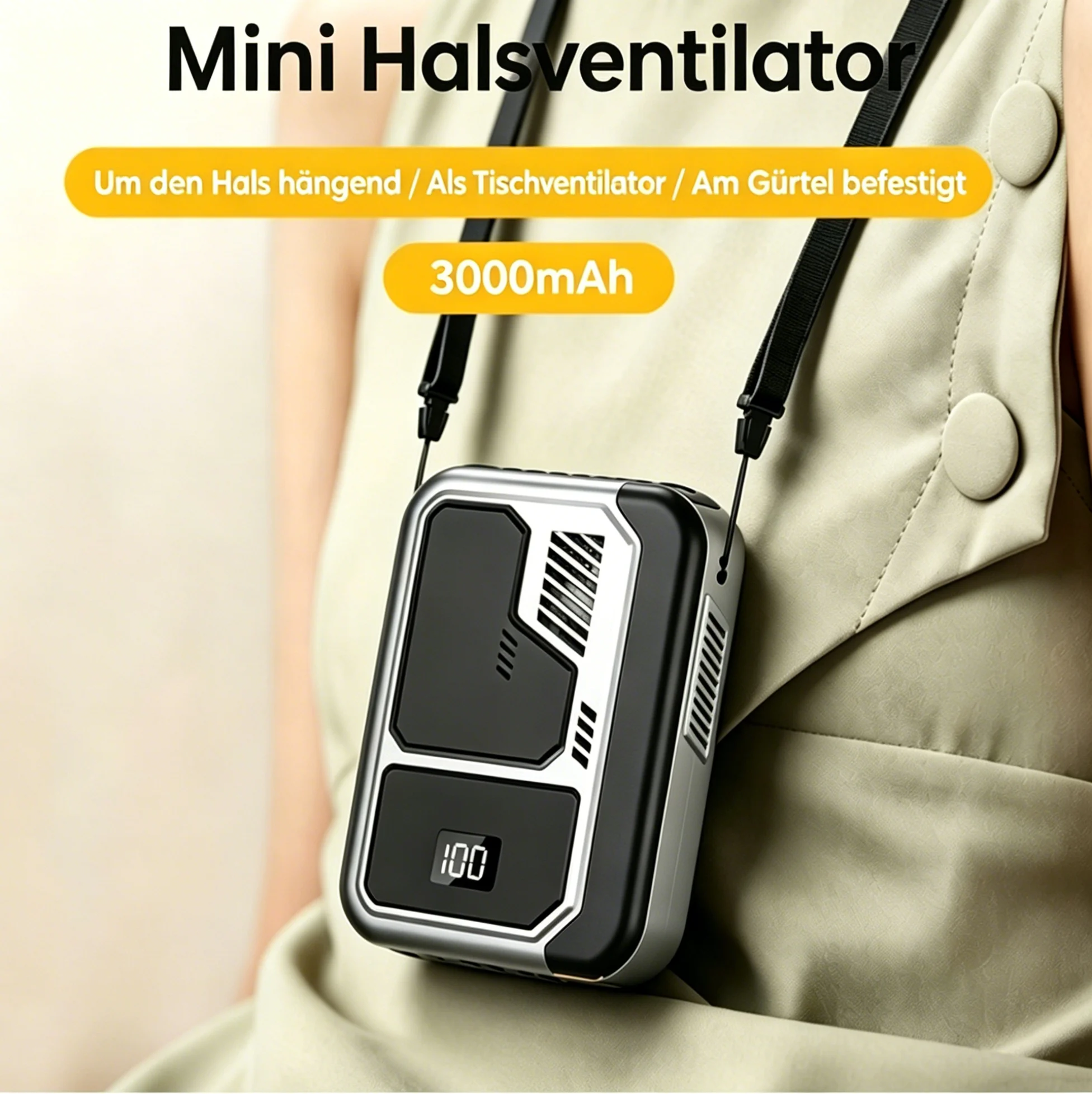 3000 mAh blattloser Nackenventilator, wiederaufladbarer USB-Ventilator, 3-stufig einstellbarer, extrem leiser Wind mit Trageband und Gürtelclip für Zuhause, Büro, Outdoor, Camping, Reisen, Sport,