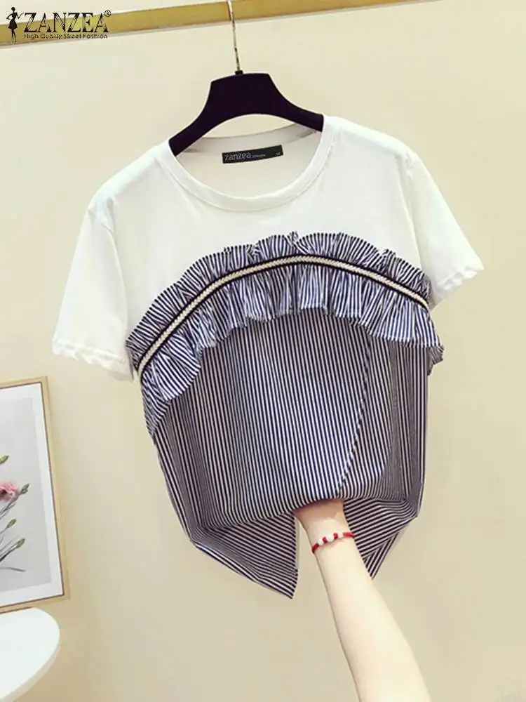 ZANZEA Summer Elegant Shirts Tops Women Striped Patchwork O Neck Short Sleeve T-shrits Ruffles Korean Fashion Casual Blouses