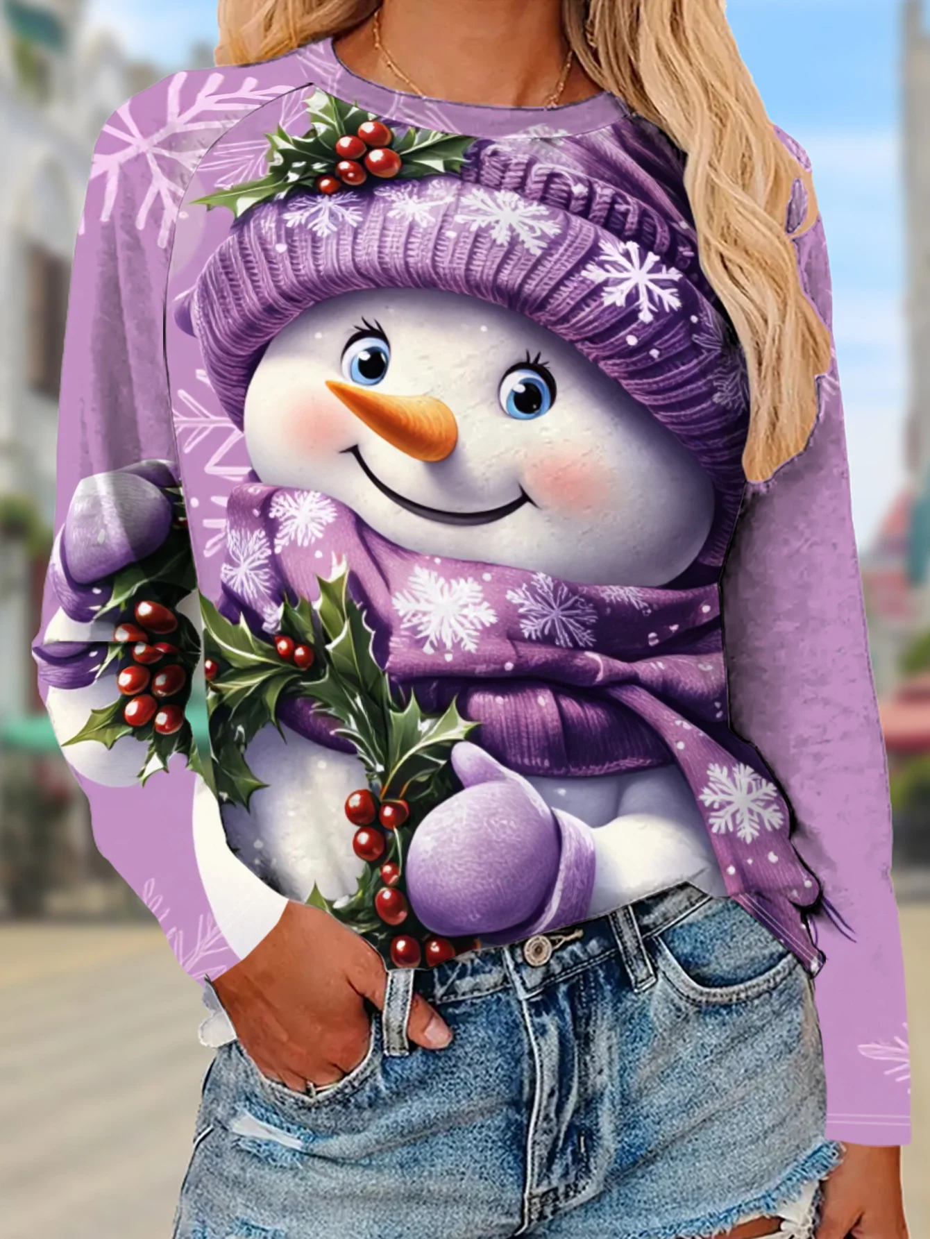 Women Round Neck Long Sleeve T‑shirt Cute Snowman Holly Berry Snowflake Print Holiday Tee Top Casual Daily Autumn Womens Clothes