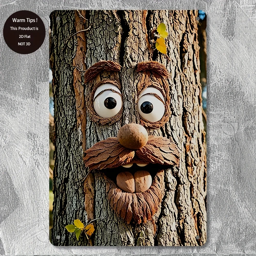 Whimsical Tree Face Metal Wall Art - Rustic Wood-Look Iron Decorative Sign with Pre-Drilled Holes, Playful Cartoon Design for