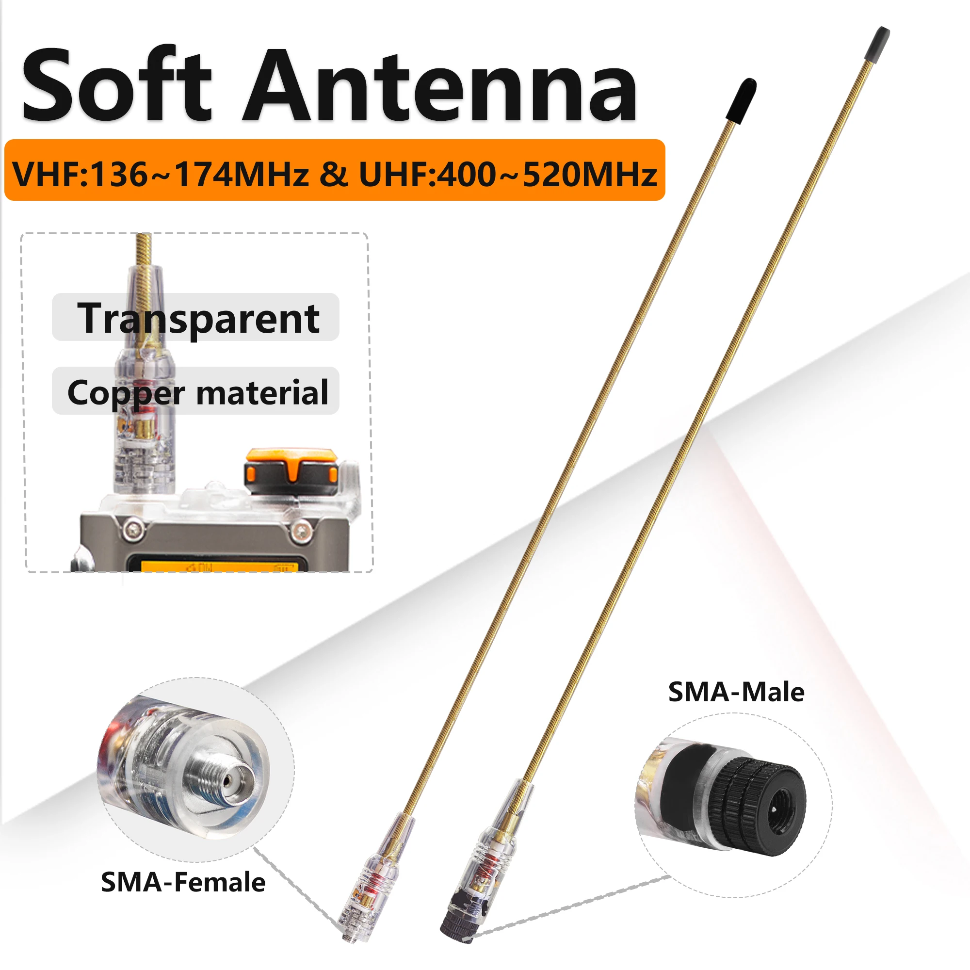 Transparent Soft Antenna SMA-Female/SMA-Male VHF UHF High Gain Coil Loaded For Baofeng Walkie Talkie Quansheng TYT Two Way Radio