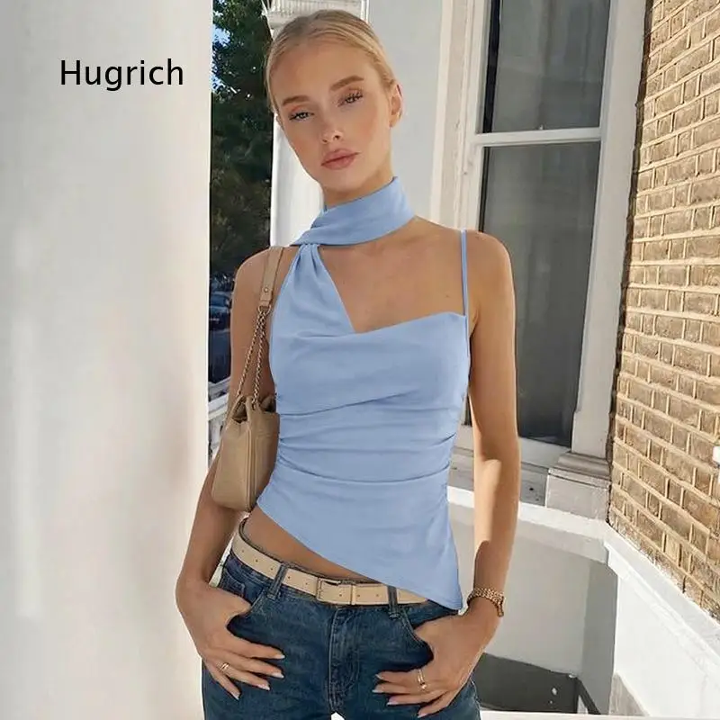 Womens Solid Color Halter Cami Top With Flowy Ribbon Accent Single Shoulder Cropped Cut Soft Aesthetic Silhouette For Summer Da