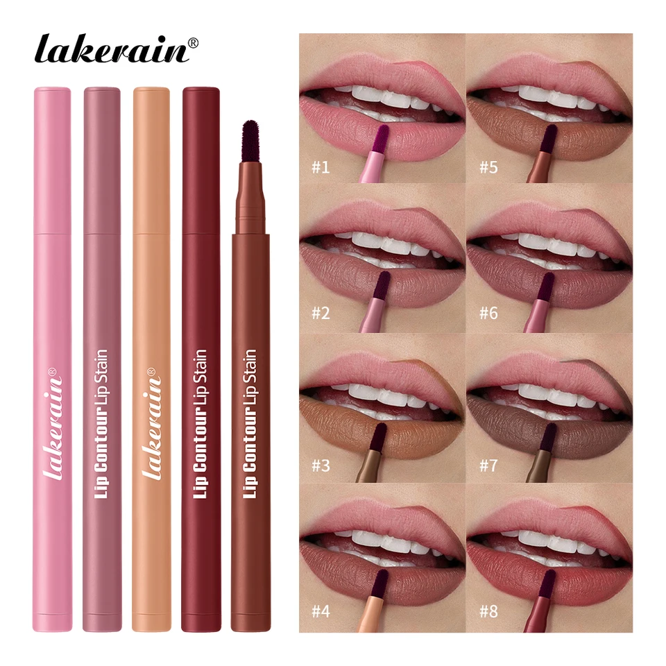 2-in-1 Lip Contour Lip Stain Pen Smudge-proof Non-stick Cup Moisturizing Lip Makeup Cosmetic Dual-Sided Tip Lip Stain & Liner