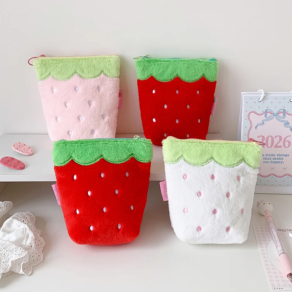 Sweet Cute Strawberry Zipper Plush Makeup Bag Fashion Girl Portable Large Capacity Travel Storage Lipstick bag Student Pen Bag