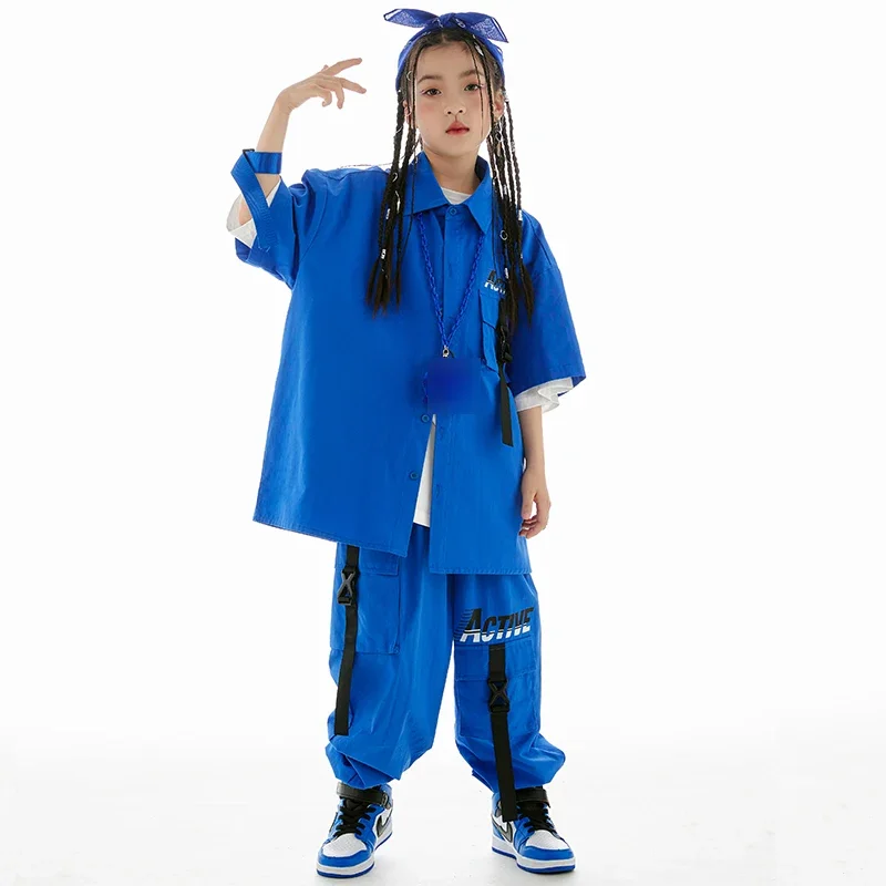 Blue Loose Short Sleeves Shirt Coat Pants Boys Drum Street Dance Outfit Girls Jazz performance Suit Kids Hip Hop Clothing