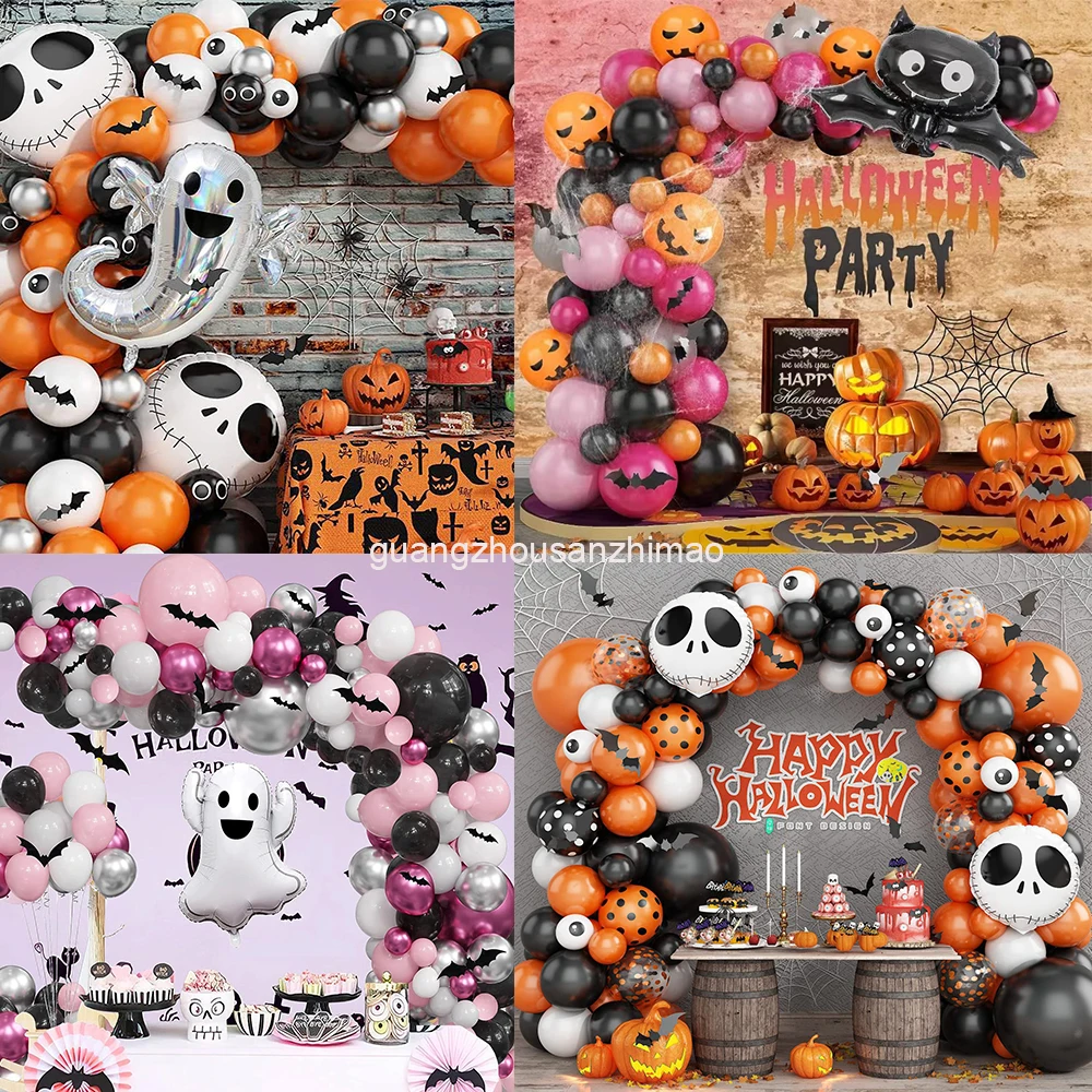 Halloween Ballon Kranz Bogen mit schwarzen und orange farbenen bunten Konfetti Augapfel Luftballons geeignet für Halloween Wohnkultur