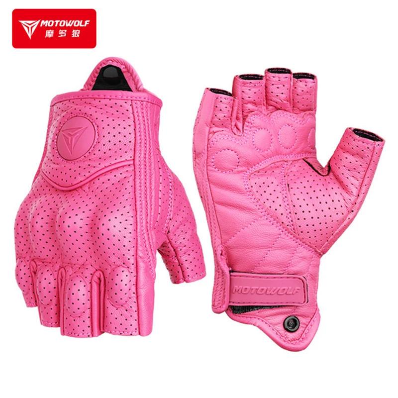 

Summer Half Finger Short Gloves Leather Motorcycle Gloves Women Girl Female Breathable Vintage Pink Yellow Guantes Gants Luvas