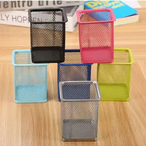 Multicolor Metal Mesh Square Pen Holder Durable Desk Pencil Cup Office Stationery Storage Organizer for School Home Supplies