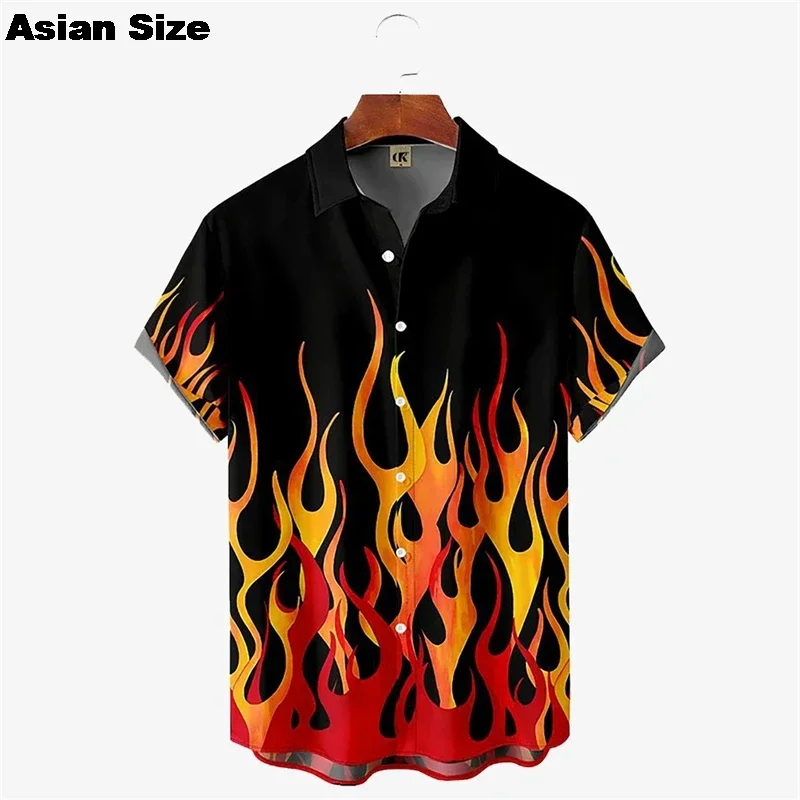 025 Fashion Beach Vacation Lapel Shirt Men's Summer Button Up Shirt 3D Flame Printed Shirt Hawaiian Casual Short Sleeved Shirt