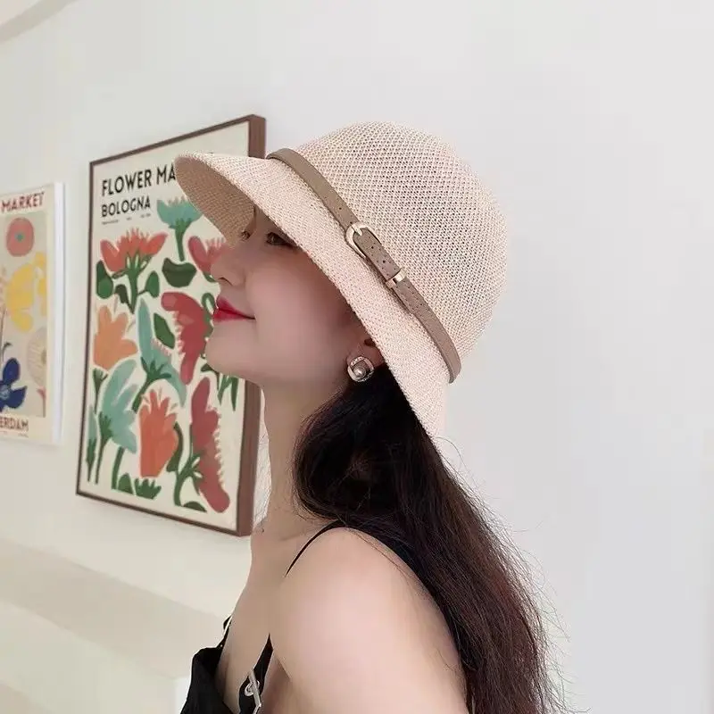 Floppy Wide Brim Sun Hat Summer Sun Protection Casual Caps Leather Buckle Fisherman Hats Women Outdoor Holiday Beach Straw Cap