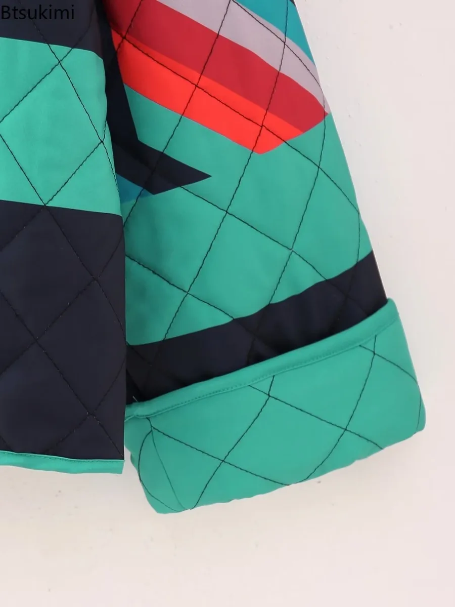 Women Autumn Winter Casual Parka 2025 Fashion Geometric Print Spliced Jacket Vintage Lapel Cardigan Cotton Jacket Thermal Tops