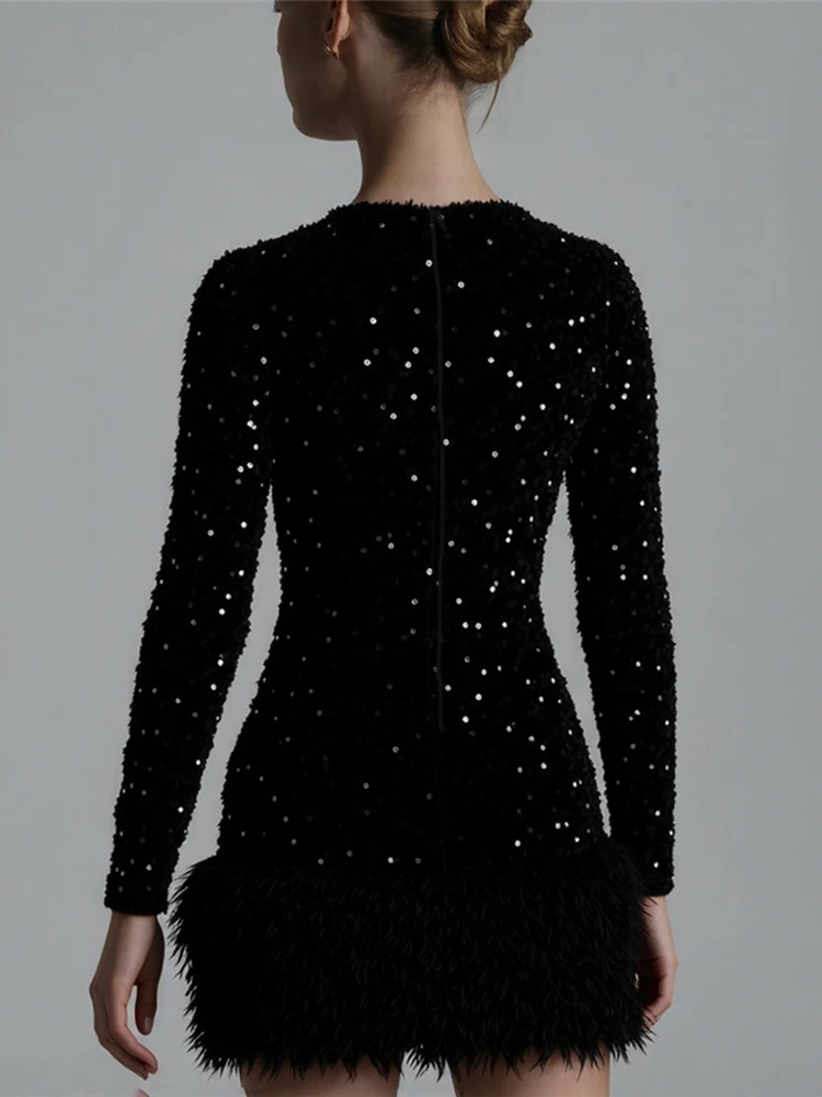 Sisterlinda Sexy Pailletten Kleid Frauen Herbst Elegante Pelzigen Patchwork Volle Hülse O-ansatz Trend Banque Party Club Pfirsich Hüfte Bodycon