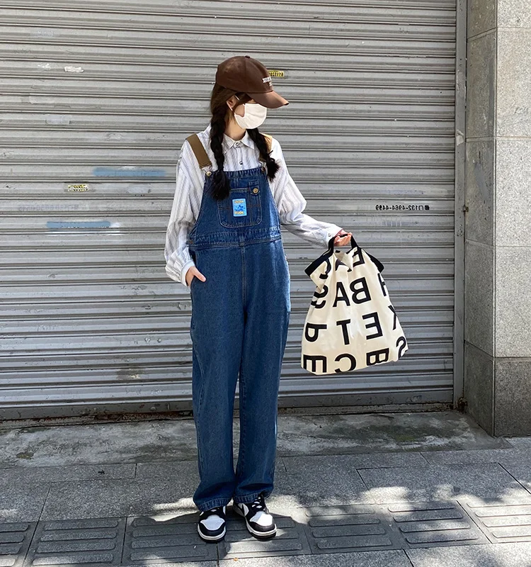 

Свободные джинсовые комбинезоны с широкими штанинами для женщин, с высокой талией, прямого кроя, весенняя мода, в японском стиле, ретро, большие размеры