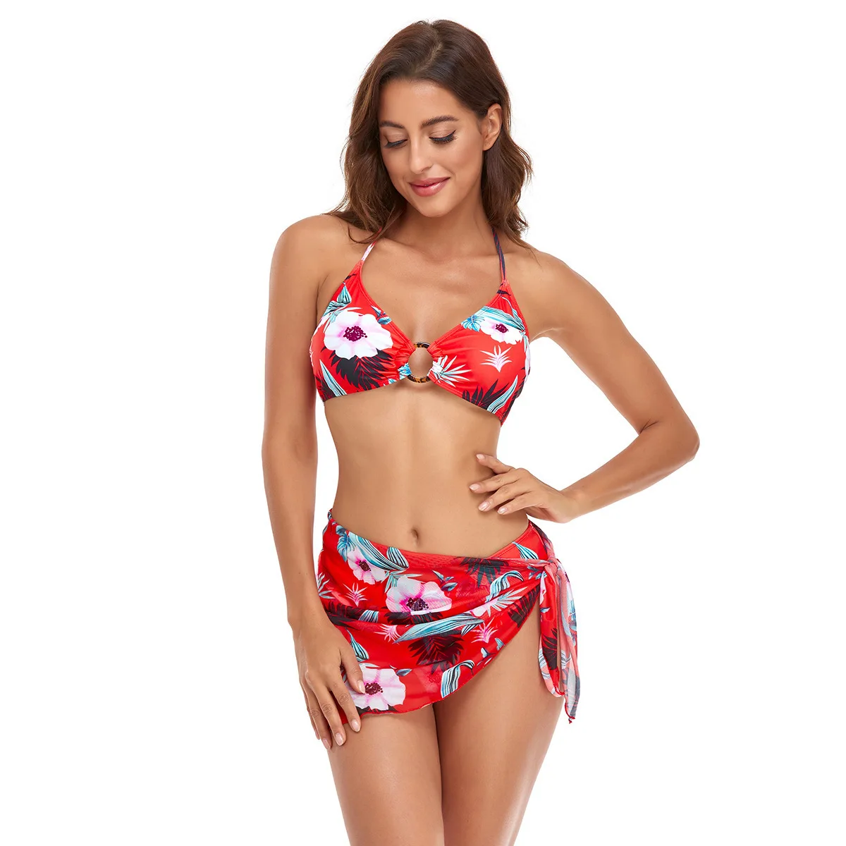 Leaf Print 3 Pieces Bikinis Set with Cover Up Skirt Women's Swimsuit Traingle Halter Bathing Suit Push Up Swimwear 2024 Women