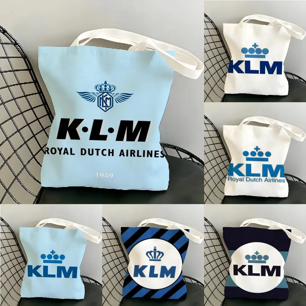 Netherlands K-Klm R-Royal Dutch Airlines Storage Bags Canvas Double-Sided Print Beach Bag Durable Lightweight Shoulder Bag