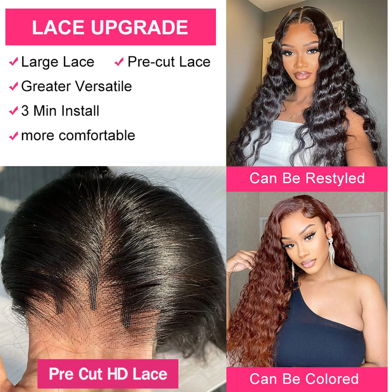 Glueless Wigs Human Hair Pre Plucked Pre Cut Wear and Go Deep Wave 4x4 Lace Closure Wigs for Women 180% Density