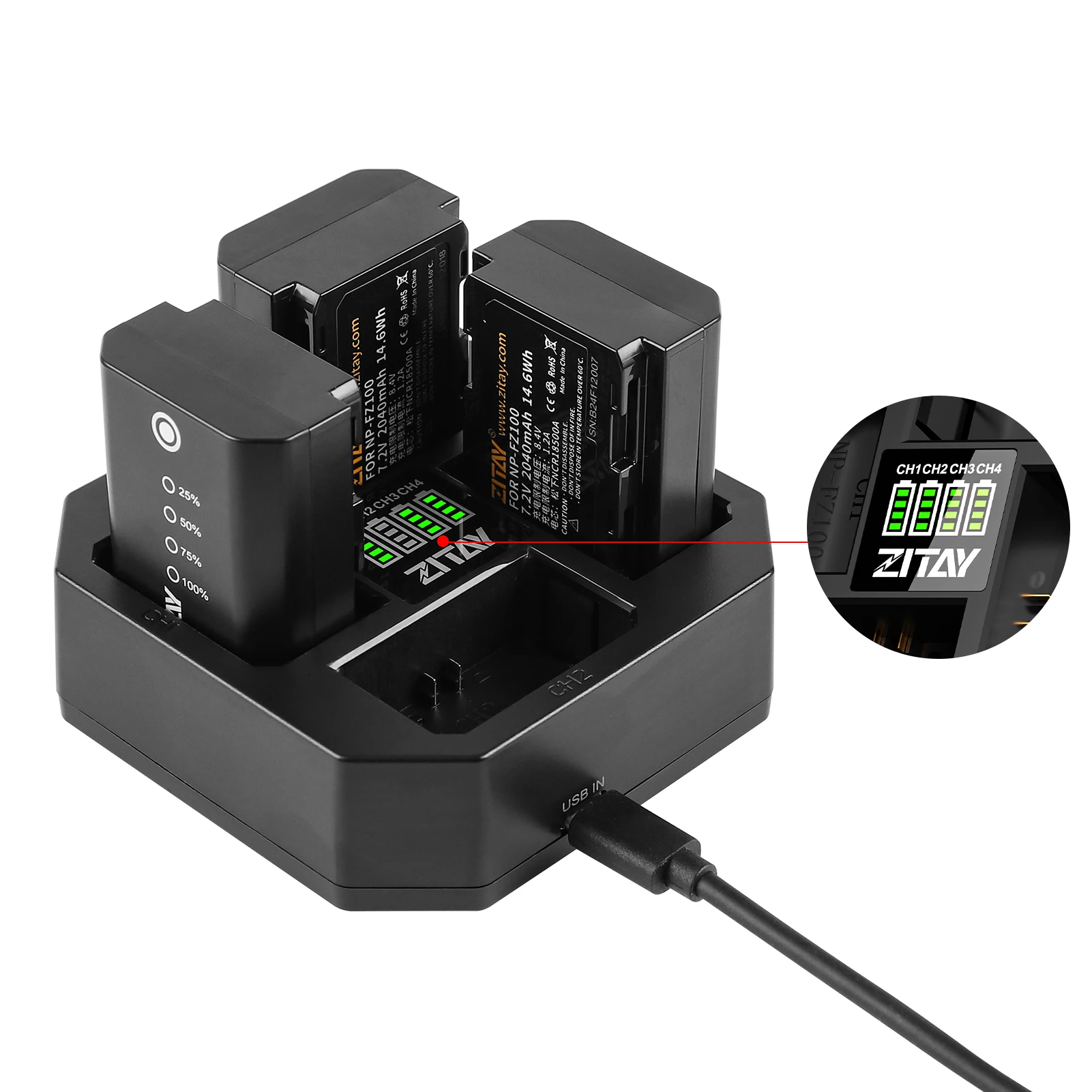 Stazione di ricarica rapida ZITAY a 4 canali di tipo C con adattatore per caricabatterie rapido PD 65W per batterie Sony NP-FZ100, compatibile con Sony