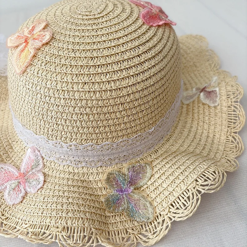 Summer Children\'s Wavy Lace Straw Hat Colorful Butterfly Multi-color Optional Woven Hat For Girls Seaside Sun Hat For Baby