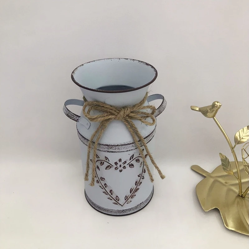 A67K-Rustic Metal Flower Vase Farmhouse Vintage Shabby Chic Galvanized Can Jug French Bucket Flower Holders For Shop Office