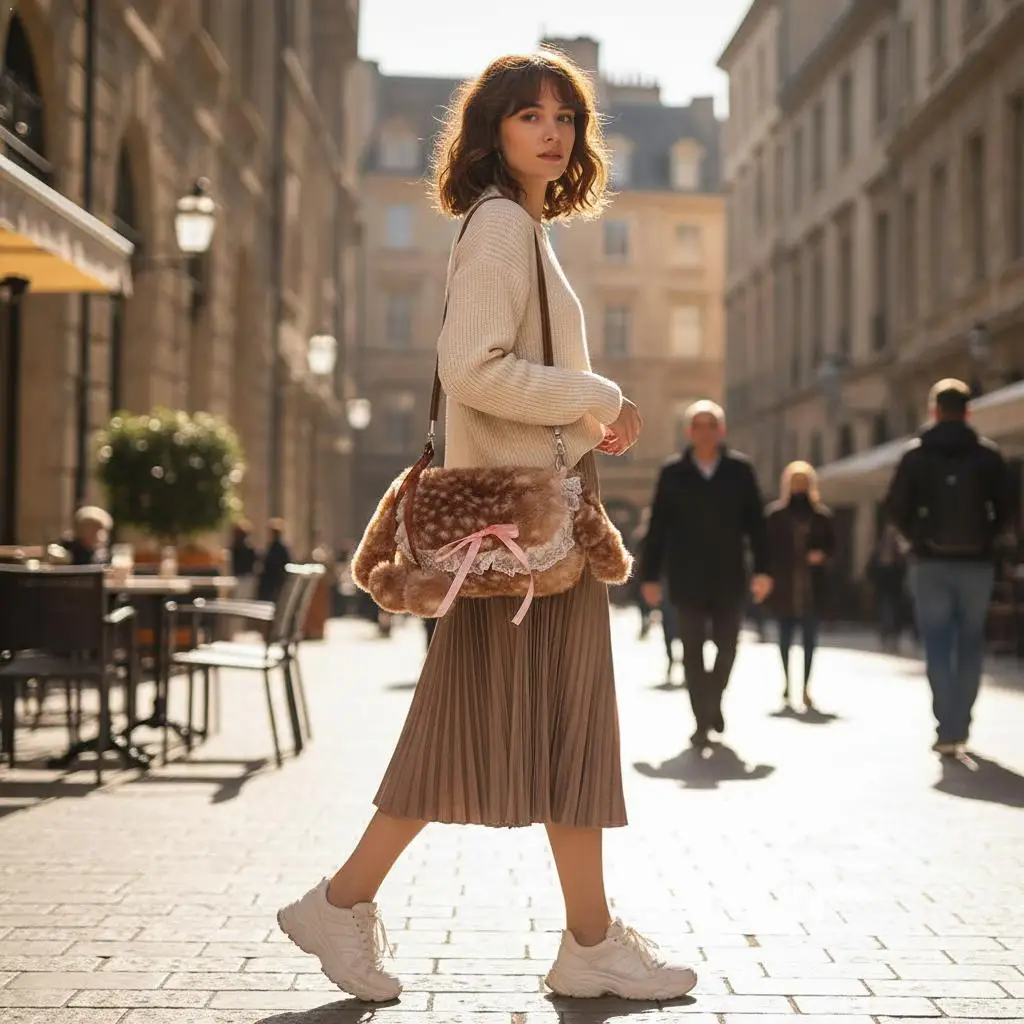 

Winter Cute Fawn Plush Handbag For Women Spotted Pattern Fluffy Shoulder Bag Detachable Long Strap For Crossbody Daily Commute