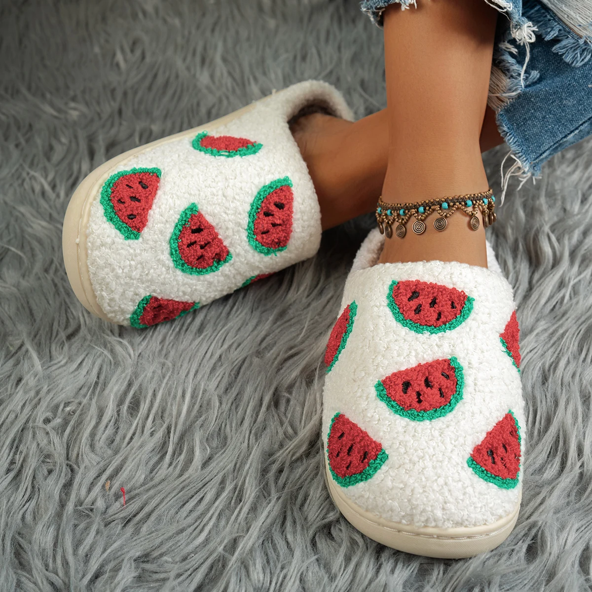Cartoon Fruit Watermelon Fashion Warm Bedroom Women's Slippers Indoor Winter Non Slip Soft Sole Comfortable Cute Home Mute Shoes
