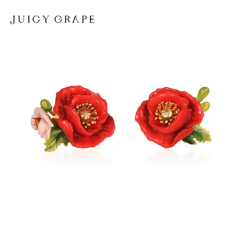 Juicy Grape Original Design Poppies Earrings for Women French Asymmetric Enamel Flower Studs Wedding Party Jewelry Gift