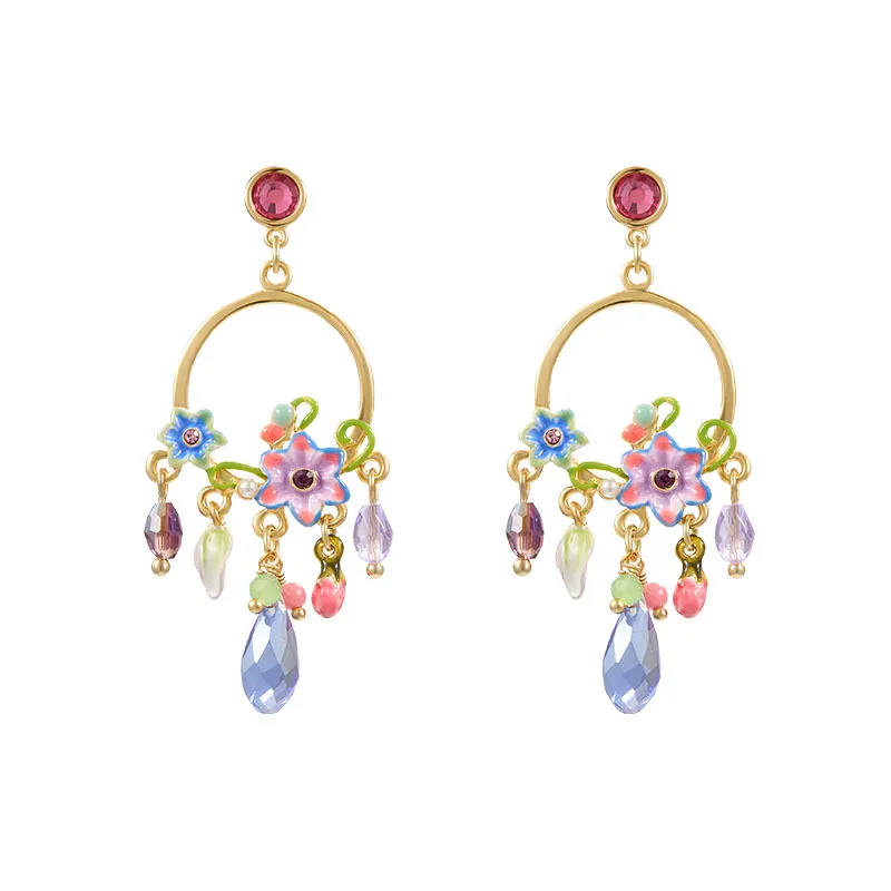 

Boho Hand-painted Enamel Flower Water Drop Tassel Dangle Earrings, Light Luxury Niche Temperament, Earrings for Round Faces