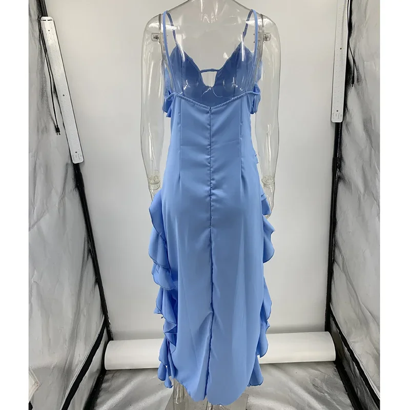 Vestido feminino em camadas, alça de espaguete assimétrica, vestidos longos, senhora sexy, feriado, praia, moda, verão, 2024