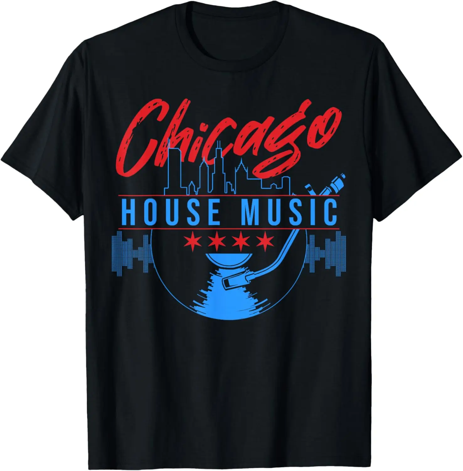 Chicago House Music Vinyl Dj Raver Flag Skyline Apparel T-Shirt