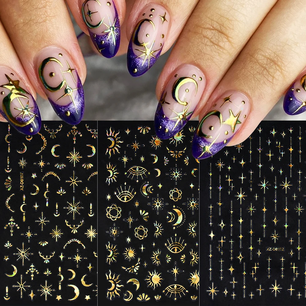12Pcs 3D Laser Gold Star Moon Bowknot Nail Art Stickers Bohemia Sun Leaves Self-Adhesive Nails Slider Luxurious Manicure Decals