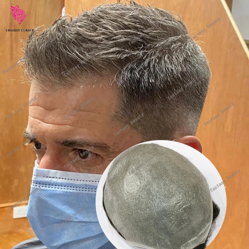 

Супер натуральная линия волос, ультратонкий, 0,02 мм, микрокожа, плотность 80%, невидимый мужской парик 380 # # 1b Серый старый мужской парик Vloop Шиньон