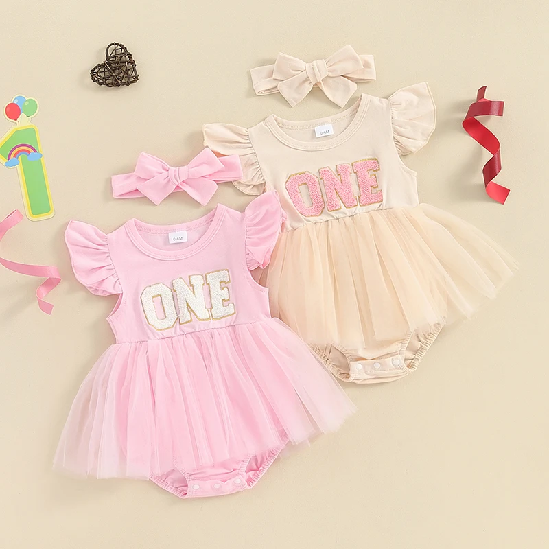 

Newborn Infant Baby Girls Summer Romper Dress Flying Sleeve Letter Embroidery Jumpsuit with Headband birthday Clothes