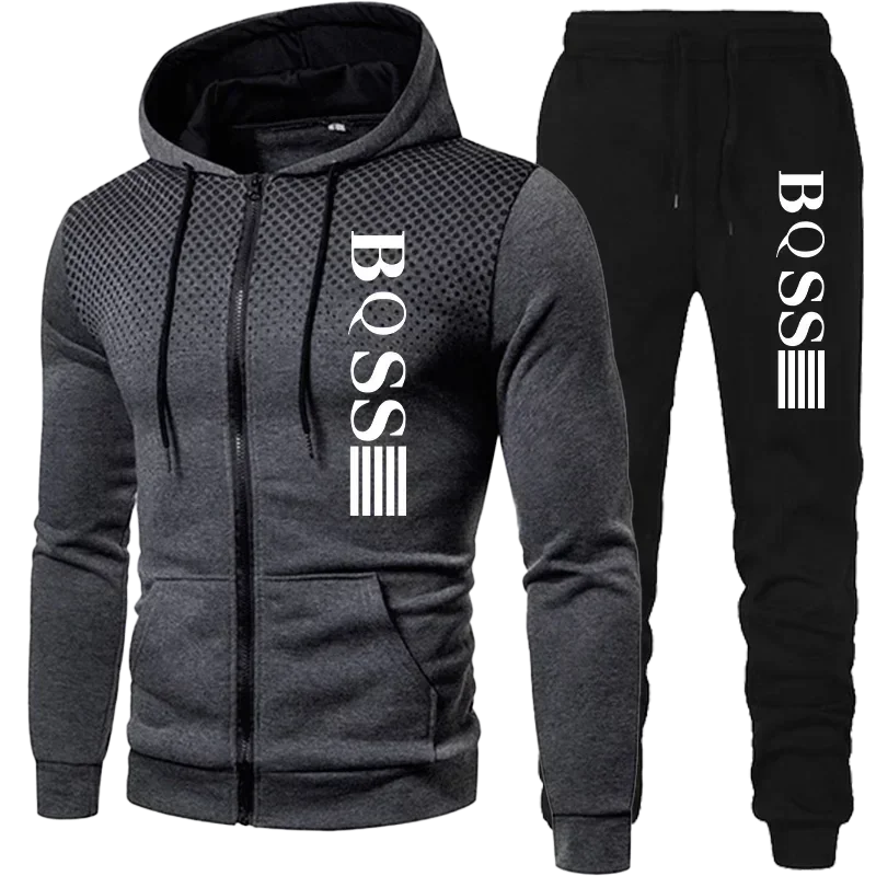 2024 new men\'s sportswear double zipper hooded pants suit sweatshirt cardigan autumn and winter clothes