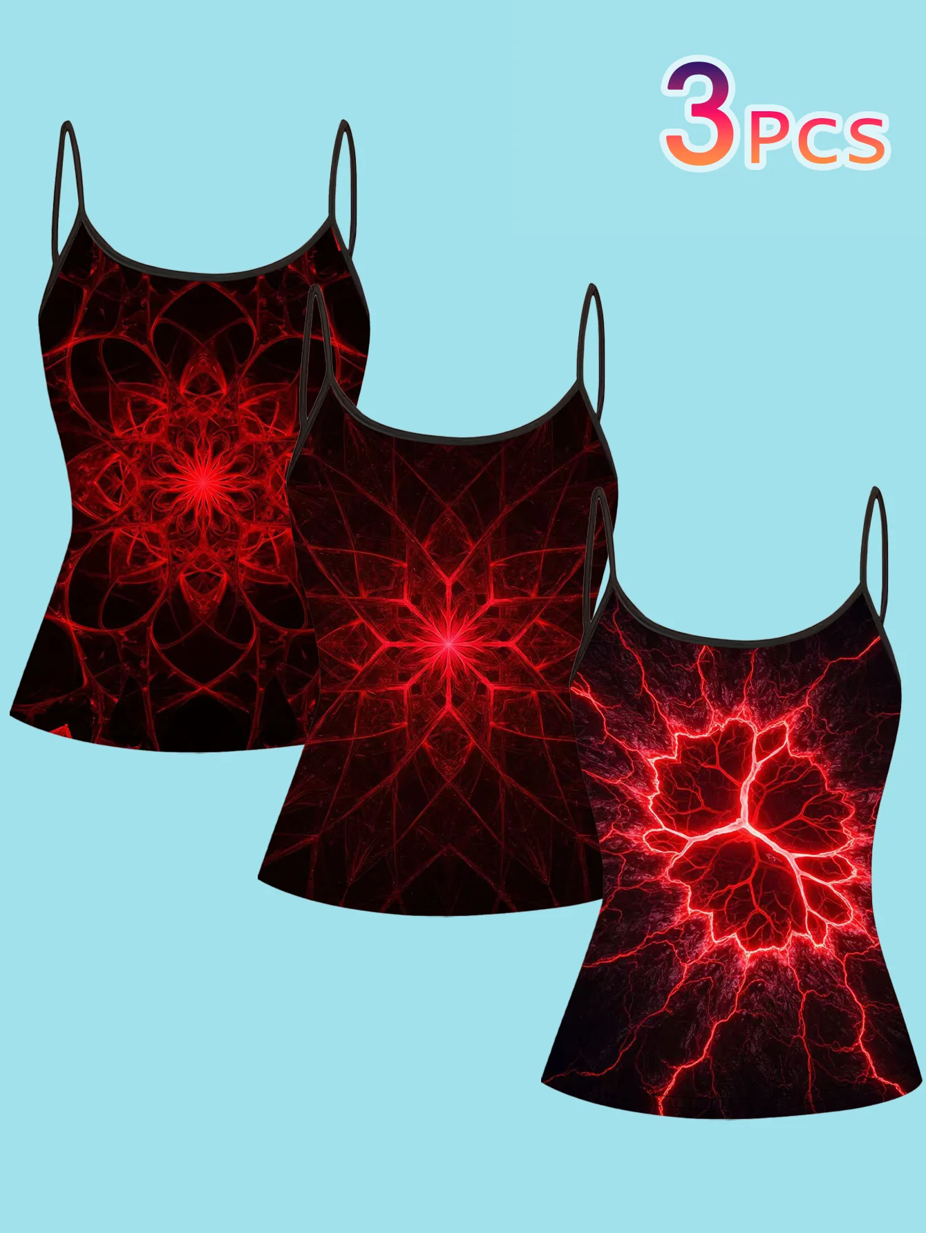 3-Piece Set of Women's Summer Thin Camisoles with Red Fractal Lightning Mandala Print, Slim Fit, Can Be Worn as an Inner Layer or Outerwear