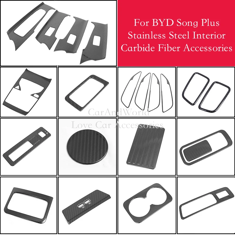 Stainless Carbon Fiber Interior Door WIndow Glass Lift Switch Cover Trims Car Accessories For BYD SONG PLUS EV DM-i 2020-2023