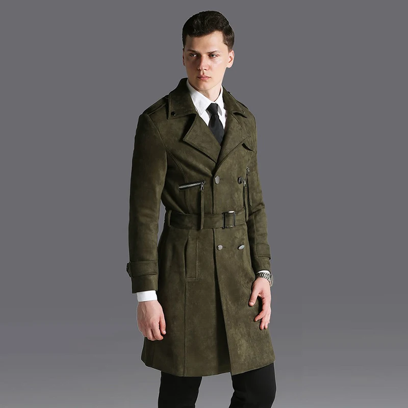 

Men's Casual Suede Trench Coat Double Breasted Black Work Slim Fit Belted, Army Green Spring Autumn Plus Size S-6XL