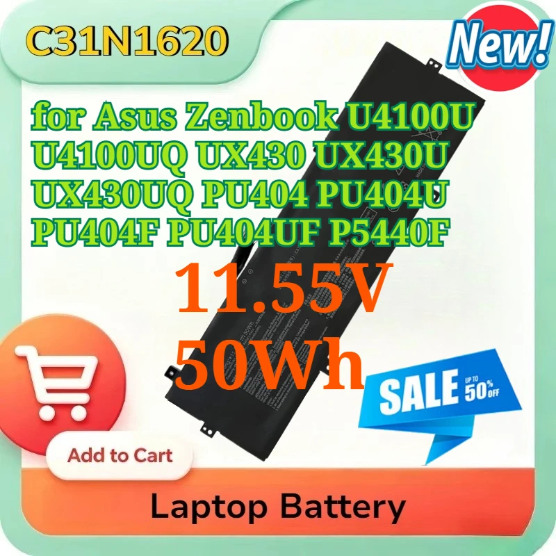 Batería para Portátil C31N1620 11.55V 50Wh para Asus Zenbook U4100U U4100UQ UX430 UX430U UX430UQ PU404 PU404U PU404F PU404UF P5440F