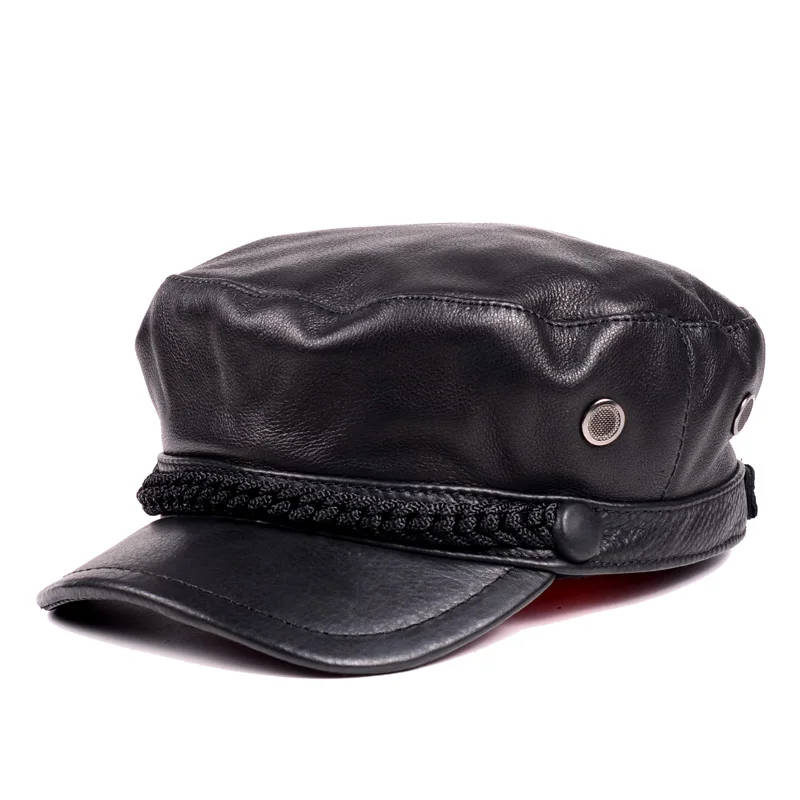 Leather Hat Men Women Winter Spring Unisex Lacing Newsboy Navy Caps Korean Fashion Soft Calfskin Flat Top Military Peaked Gorra