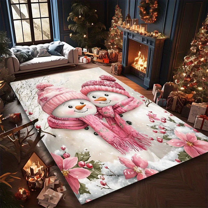 

Christmas Snowman Print Area Rug with Pink Scarf - Non-Slip Crystal Velvet Carpet for Living Room, Kitchen, Bedroom, and Home De